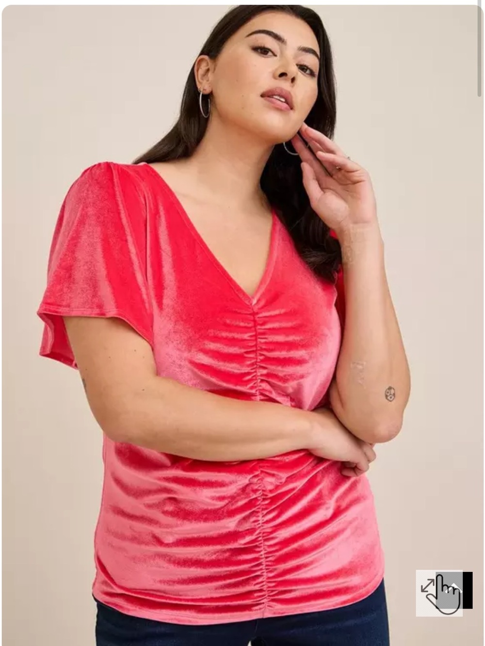 Torrid Size 1 Stretch Velvet Shirred-Front Flutter Sleeve Top Casual Tea Berry